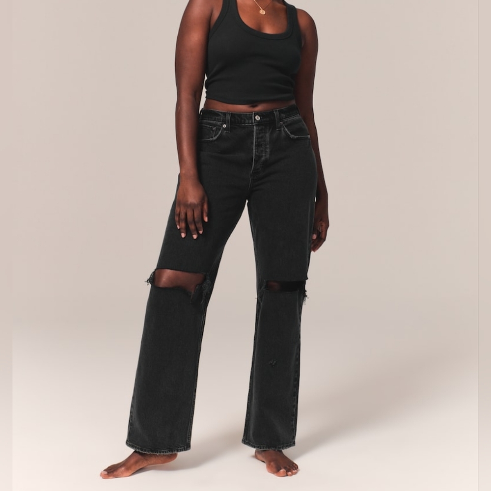 Abercrombie and Fitch 90s Baggy Low Rise Distressed Jeans Black Denim 32